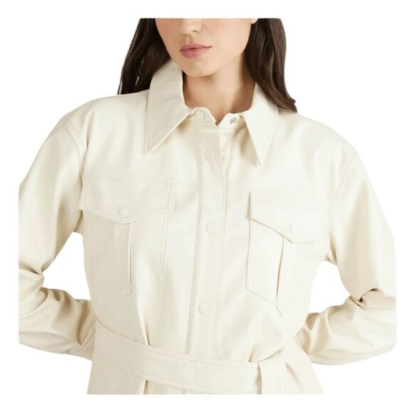 NVLT Vegan Leather Belted Shacket Jacket Ivory Snap‎ Front Long Line S - Picture 3 of 9